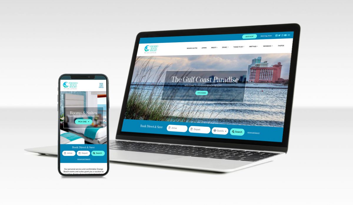 a mock up of Perdido Beach Resort website homepage on laptop and mobile device