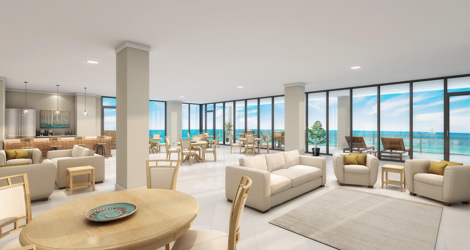 3d rendering of the interior of a penthouse in a beach condominium overlooking the ocean.