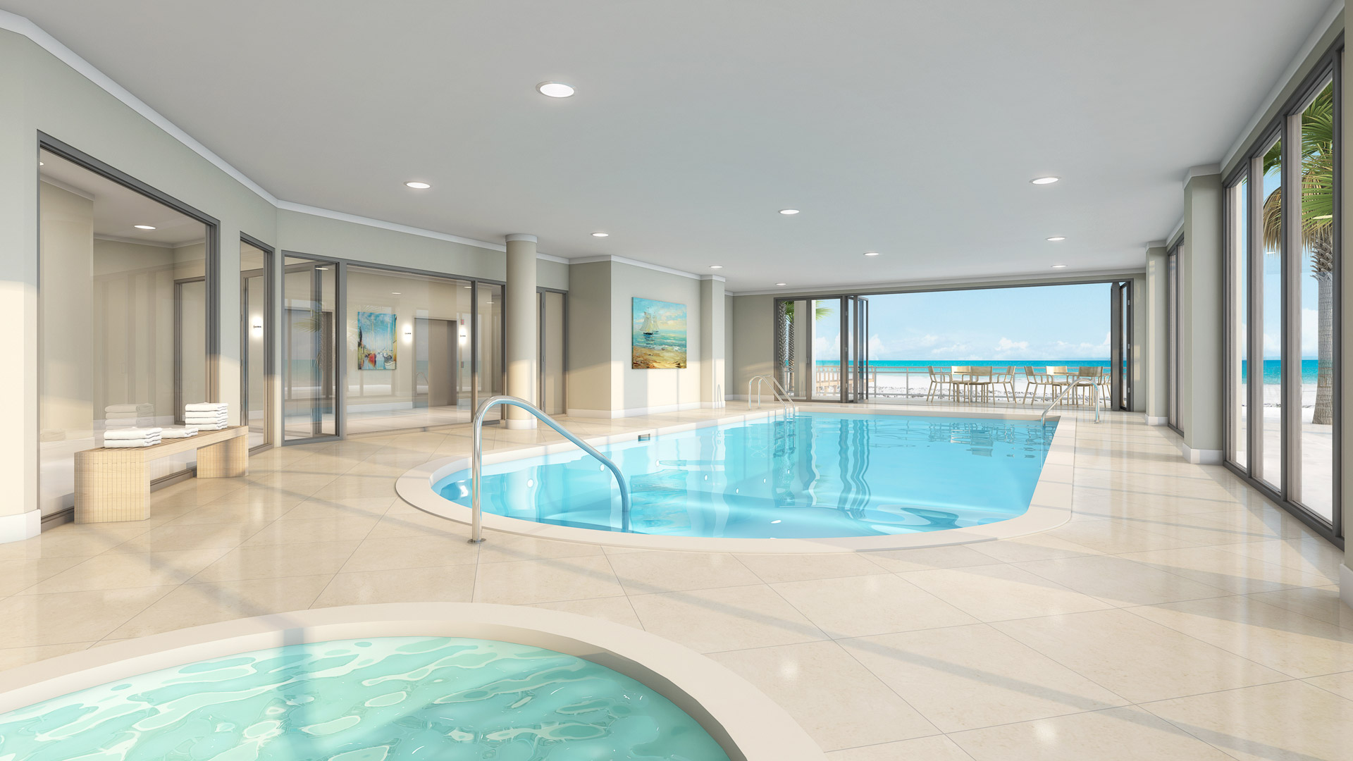 3d rendering of the ground floor indoor pool and hot tub overlooking the beach and ocean.